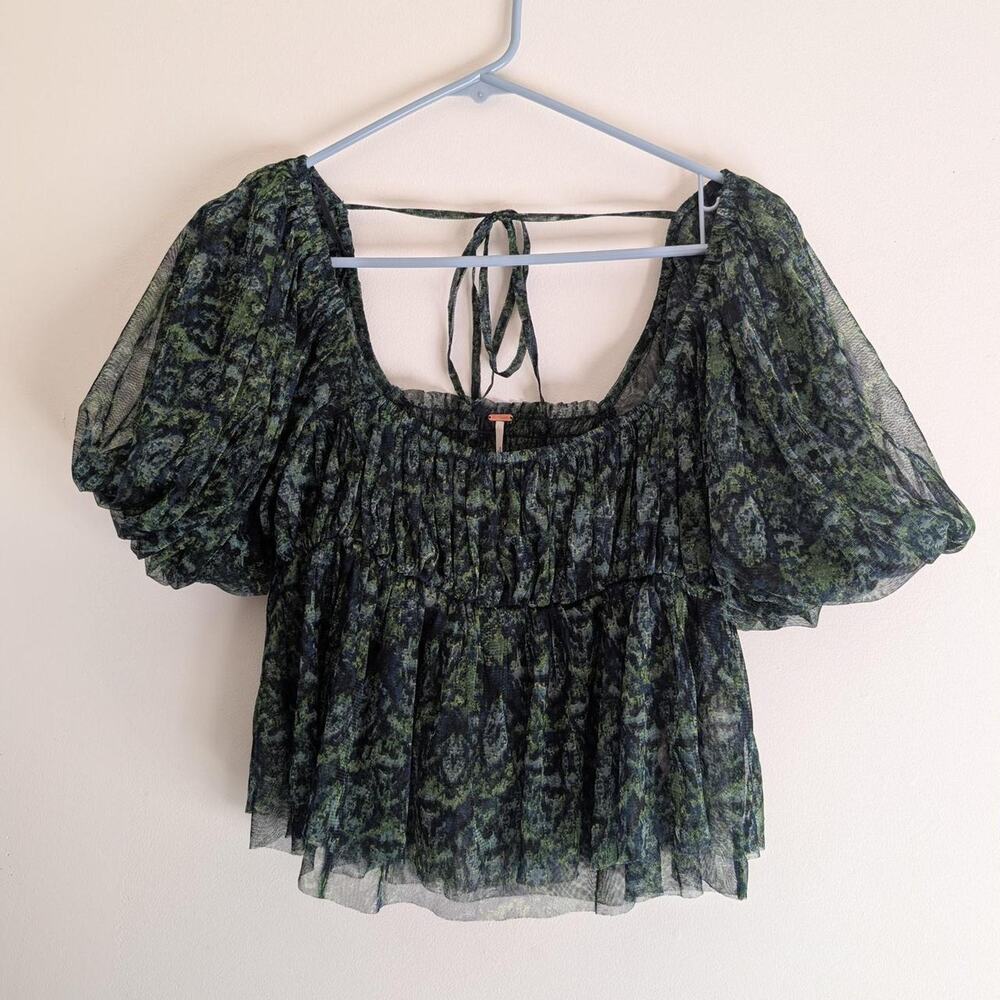 Free People Green Abstract Floral Mesh Puff Sleeve Smocked Babydoll Top S